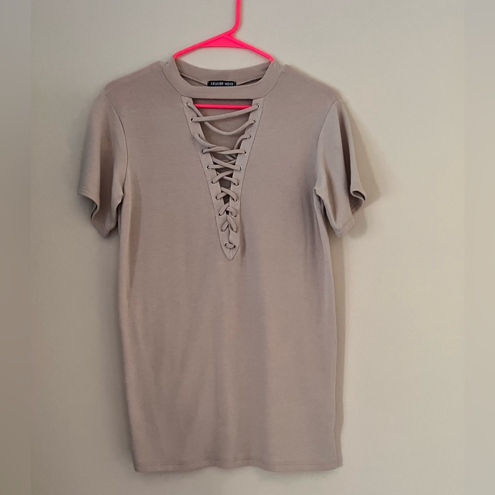 Taupe lace up casual tee/tunic